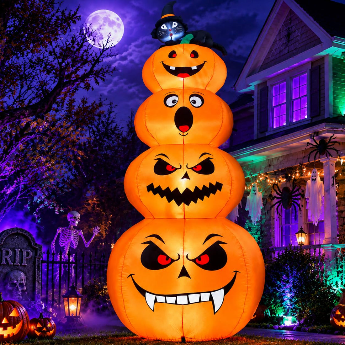 Halloween Inflatable Stacked Pumpkins Yard Decoration with Black Cat