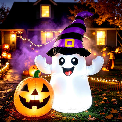 Halloween Inflatable Ghost with Lighted Pumpkin Yard Decoration