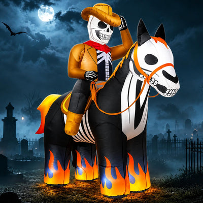 Inflatable Skeleton Cowboy Yard Display with Bright LEDs Flame