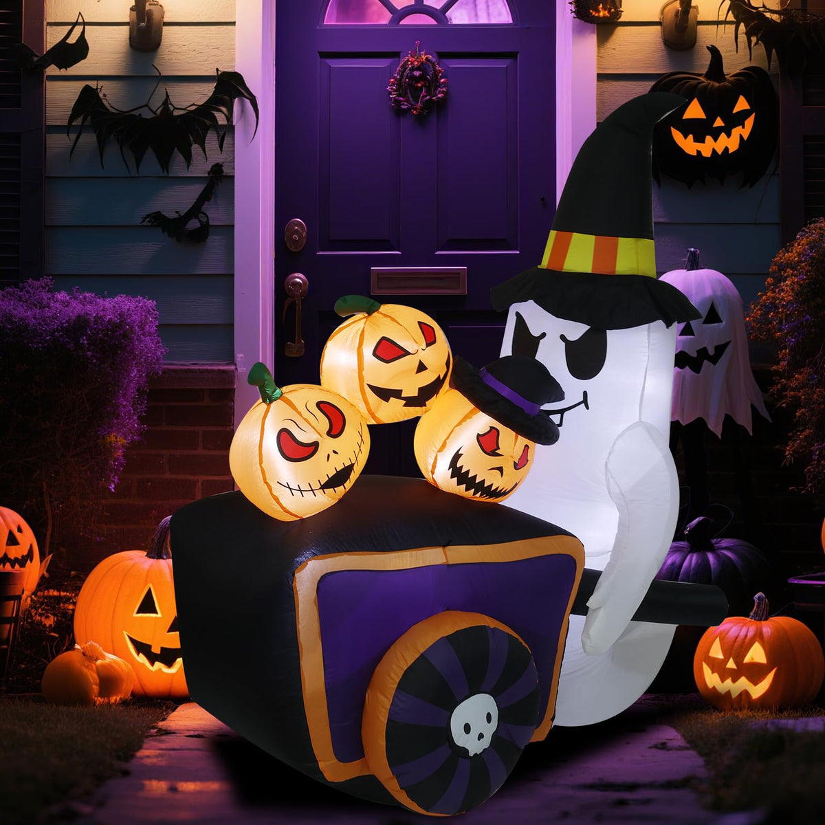 Halloween Inflatable Cute Ghost with Pumpkin Cart and Witch Hat