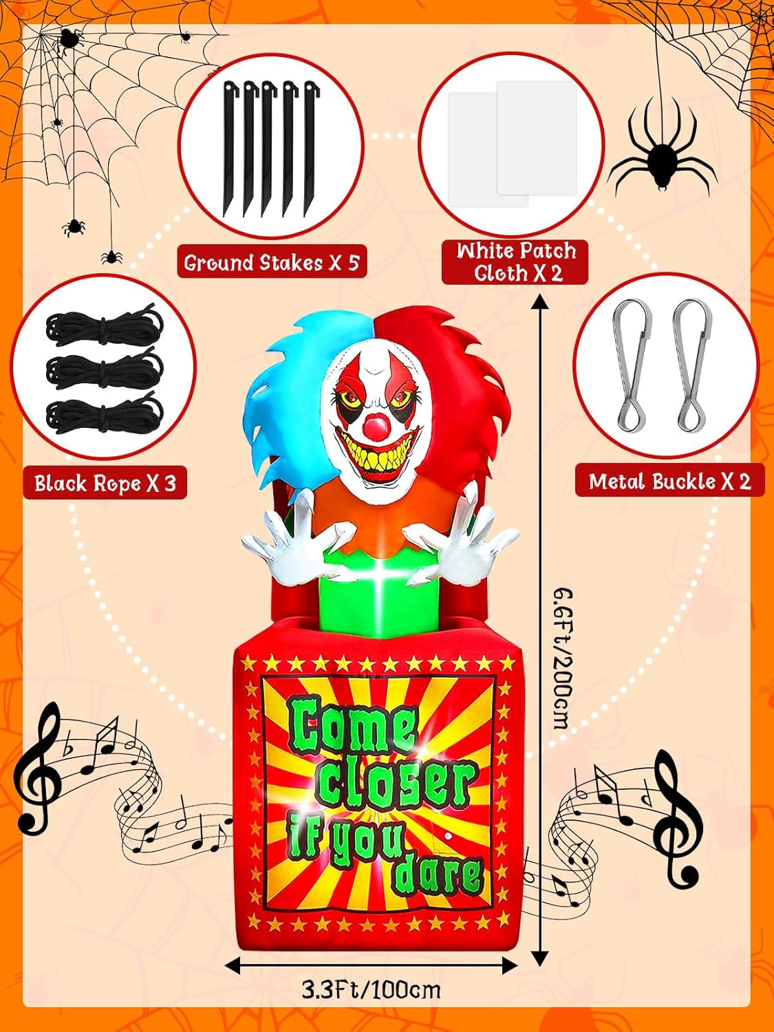 6.6 FT Halloween Inflatables Animated Clown with Music,  Circus Clown Box Outdoor Decorations Blow Up Yard with Built-in LEDs for Indoor Outdoor Party Garden Lawn Decor