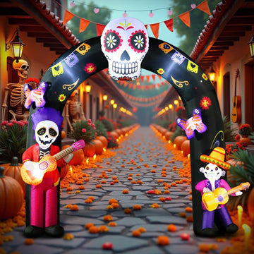 Day of Dead Inflatable Arch with Sugar Skull Guitar Skeleton