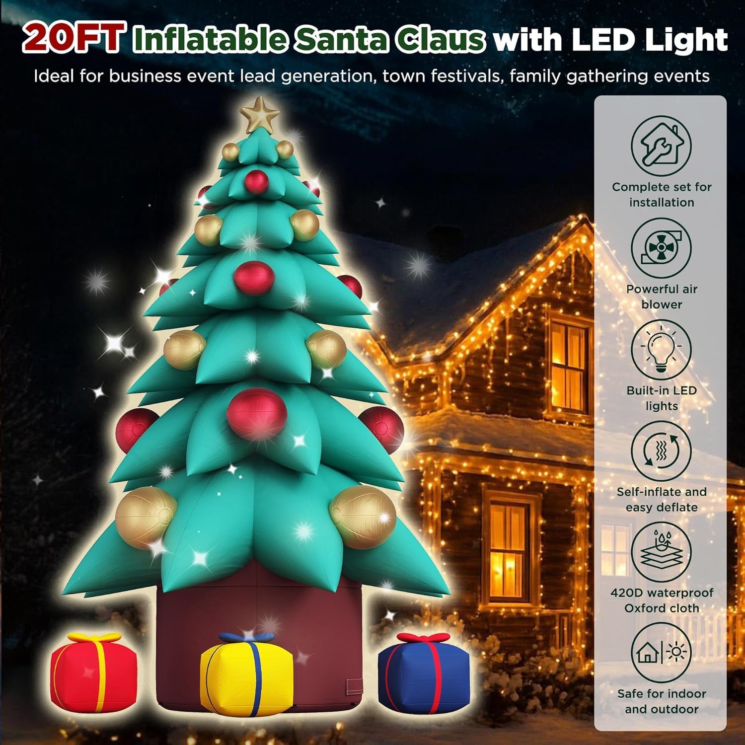 20 FT Inflatable Christmas Tree with LED Lights, Giant Blow Up Outdoor Decoration, Oxford Cloth Material, Including Blower and Gift Boxes, Suitable for Event Parties, Commercial Activity