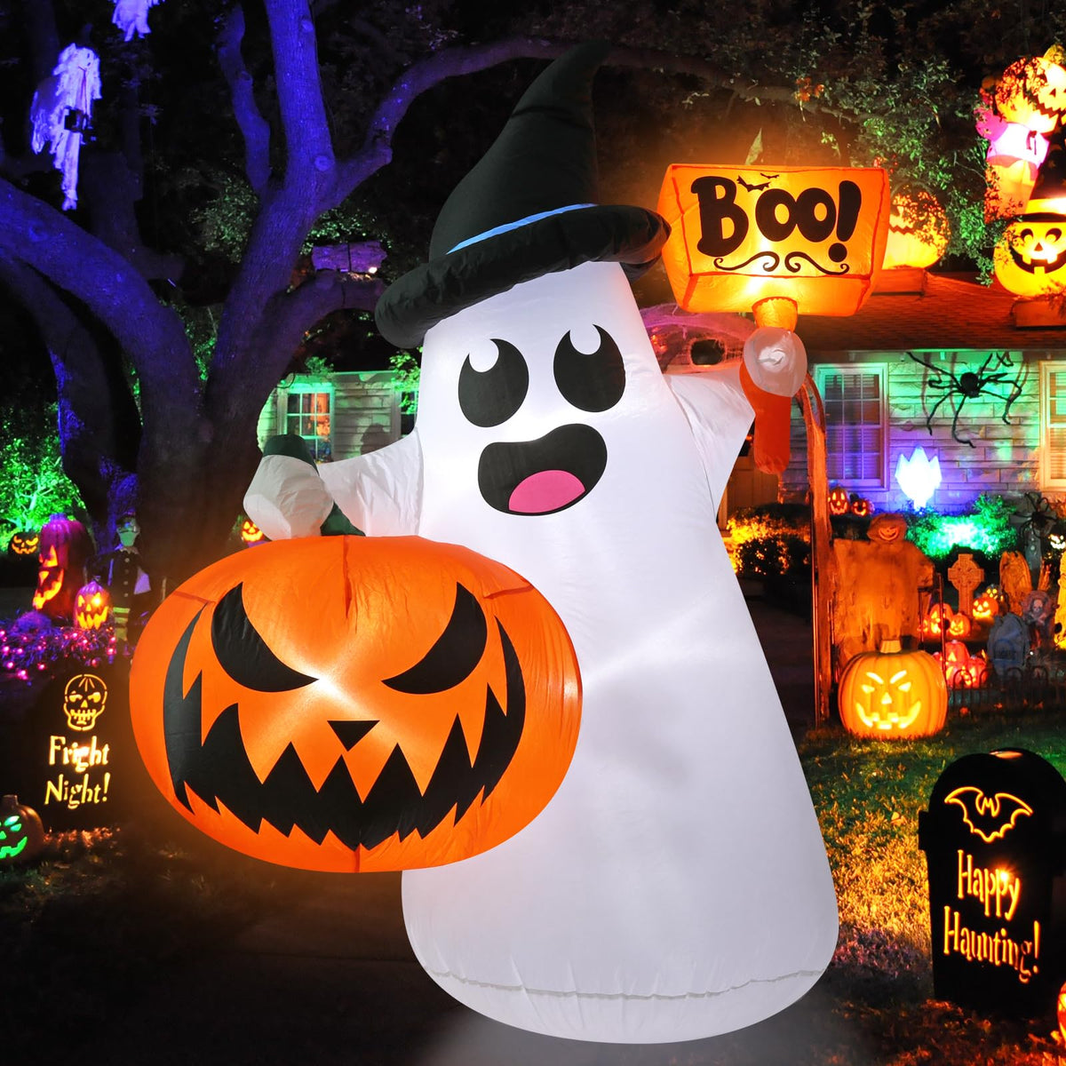 Inflatable Halloween Blow Ups with Ghost Pumpkin and LED Lights