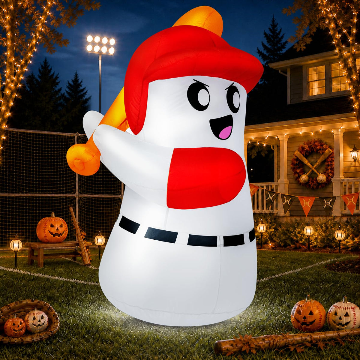 Inflatable Halloween Ghost Baseball Batter Decoration with LED Lights