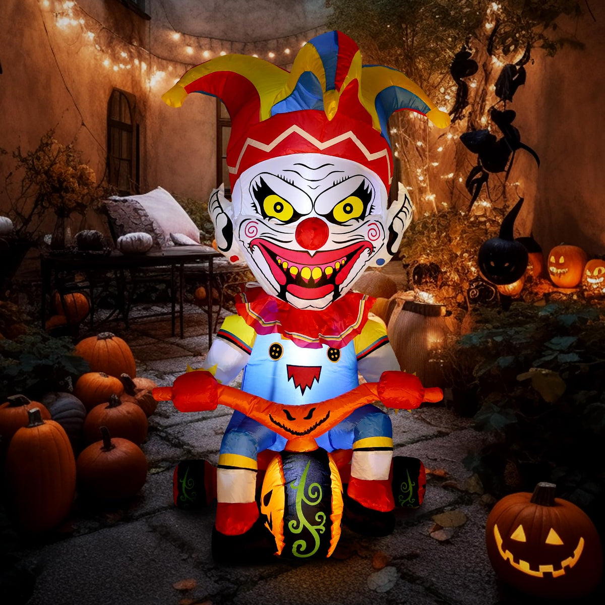 Halloween Inflatable Outdoor Clown Bicycle with LED Lighting