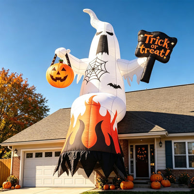 Inflatable Ghost Yard Display with Treat Sign and Pumpkin Lantern