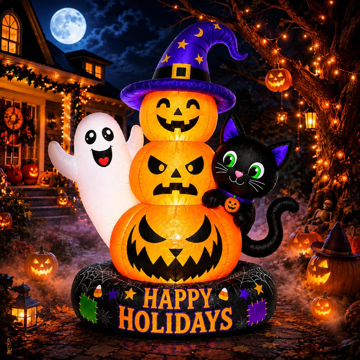 Halloween Inflatable Pumpkins Ghost Black Cat LED Lights
