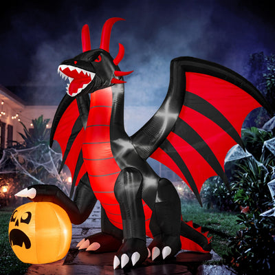 Halloween Inflatable Fire Dragon with Animated Mouth and Pumpkin Decoration