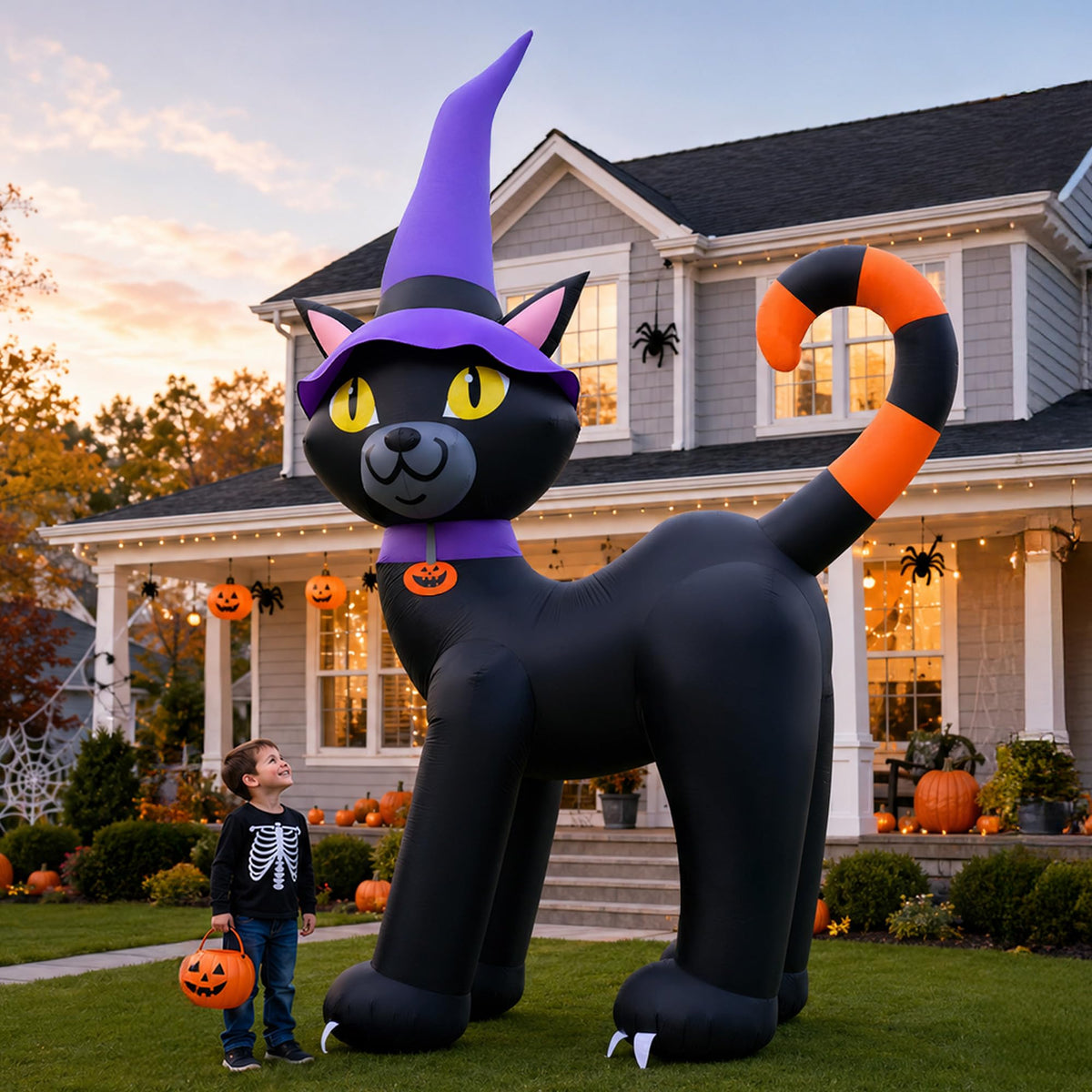 Outdoor Halloween Inflatable Black Cat with Witch Hat Display