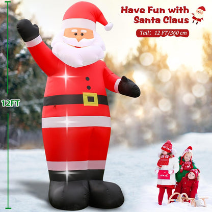 12 FT Giant Christmas Inflatable Santa Claus Outdoor Decoration, Cute Santa Tilting His Head and Waving Hand, Outside Waterproof Xmas Decor for Lawn Yard Patio Garden Holiday Party Porch Home