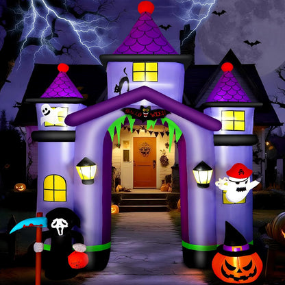 11.6FT Halloween Inflatable Arch Outdoor Decoration with Built-in LEDs Lights, Large Blow Up Purple Castle Archway with Ghost & Pumpkin for Outside/Indoor Xmas,Yard,Garden,Lawn,Holiday Decor