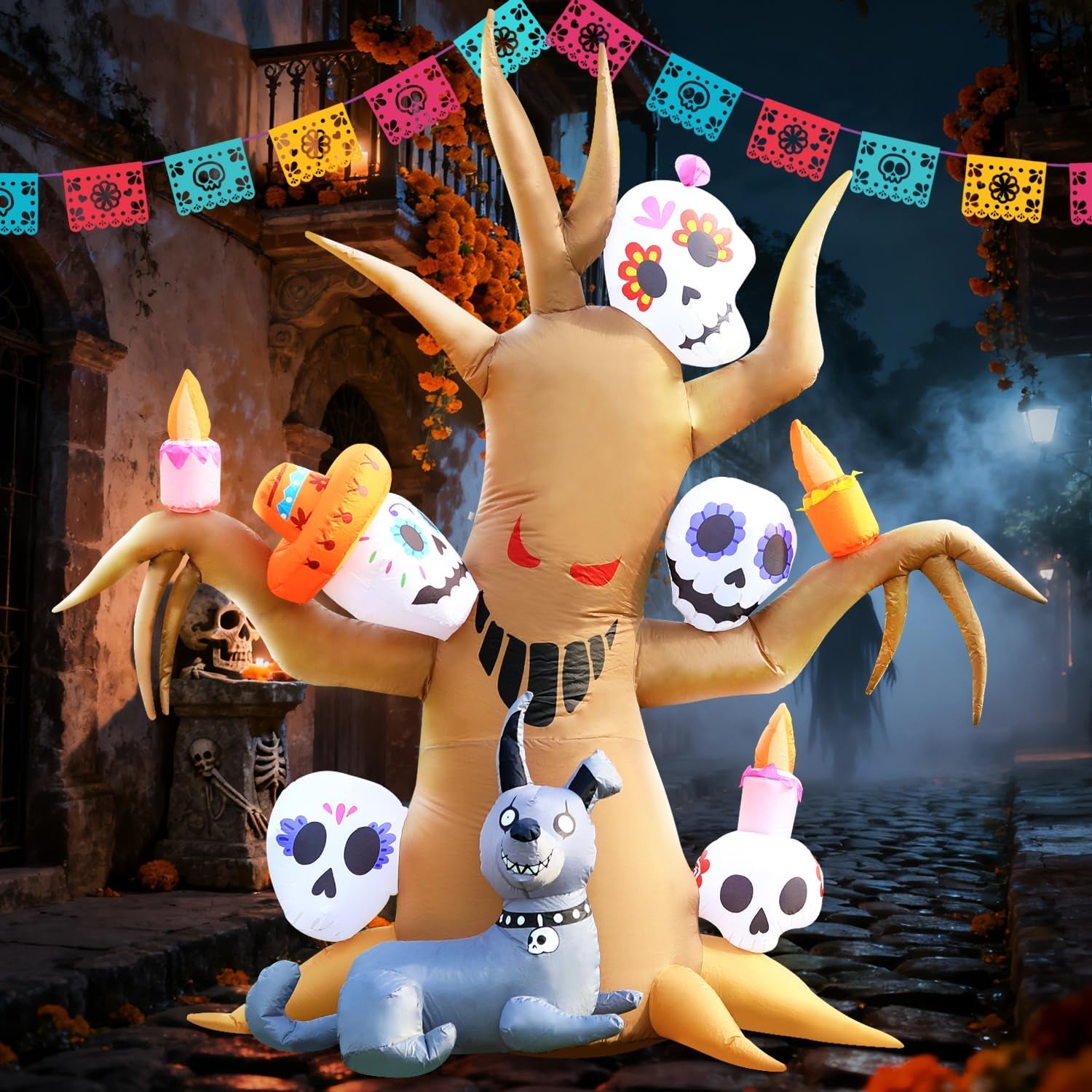 Tree Halloween Inflatable Blow Up Decorations, Dia de Los Muertos 8FT Day of The Dead Spooky Tree with Catrina Skull and Hairless Dog, Built-in LEDs for Holiday, Garden Lawn Yard Patio Décor