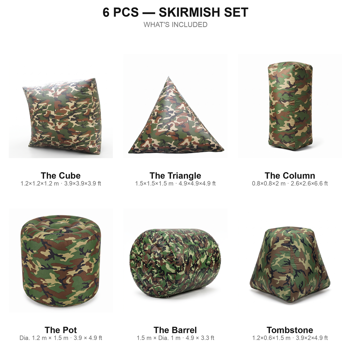 6 pcs Skirmish Set contents — camo paintball bunkers