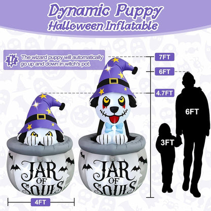 7FT Halloween Inflatables Animated Puppy Dog with Music, Witch Cauldron Halloween Blow Up Yard Decoration with Built-in LEDs for Indoor Outdoor Holiday Party Garden Lawn Decor
