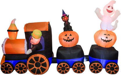9 Feet Halloween Inflatable Train with Kittens White Ghosts/Pumpkin with LED Lights Blow up Lighted Yard Decor Giant Lawn Halloween Inflatable Home Garden Party Favor Decoration