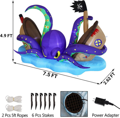 Halloween Inflatable Lighted Giant Octopus Attacked Pirate Ship, 7.5FT Long Spooky Purple Octopus & Haunted Ship with Lights, Animated Halloween Yard Prop, Outdoor Garden Lawn Blow up Decor