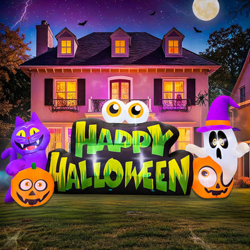 Lighted Halloween Inflatable Ghost Pumpkin Eyeballs Cat Banner
