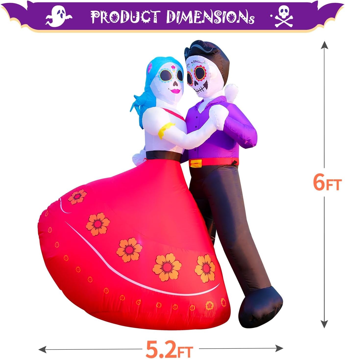 Halloween Inflatable Blow Up Decorations, Dia de Los Muertos 6FT Day of Dead Catrina Sugar Skull Couple Dancing, Built-in LEDs for Holiday Party, Garden, Lawn, Yard, Patio Décor