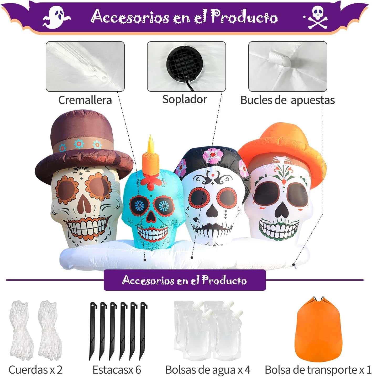 Halloween Inflatable Blow Up Decorations, Dia de Los Muertos 8FT Day of Dead Catrina Skulls, Built-in LEDs for Holiday Party, Garden, Lawn, Yard, Patio Décor