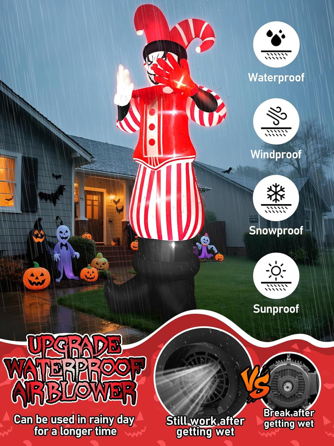 12FT Giant Halloween Inflatable Decoration,  Red Costume Scary Clown Blow Ups with Built-in LED Lights Large Huge Scary Clown Inflatable for Halloween Party Lawn Garden Outdoor Yard Decoration