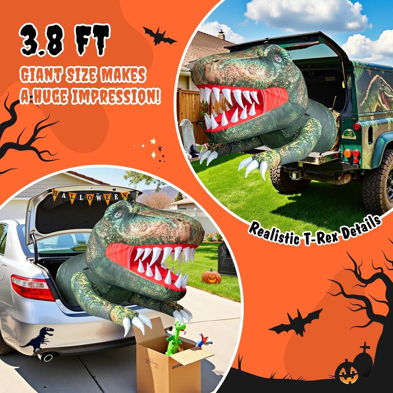 Halloween Inflatable Outdoor Decorations, 3.8FT Trunk or Treat Car Decorations, Blow Up Animated Dinosaur with Flashing Red LED Eyes for Halloween Yard Decoration
