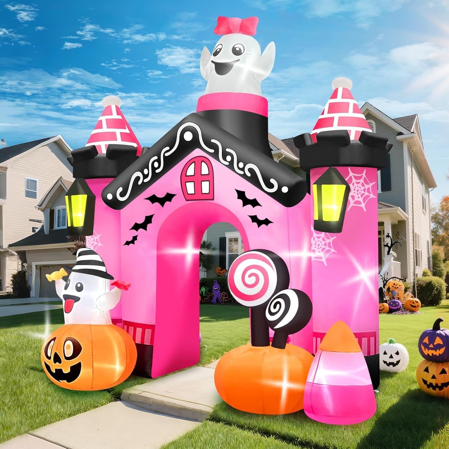 11 FT Halloween Inflatables Ghost Archway Outdoor Decorations, Pink Castle Arch Blow Up Yard Decorations Scary Inflatable with Build-in Lights for Yard Garden Lawn Indoor Outdoor Decor