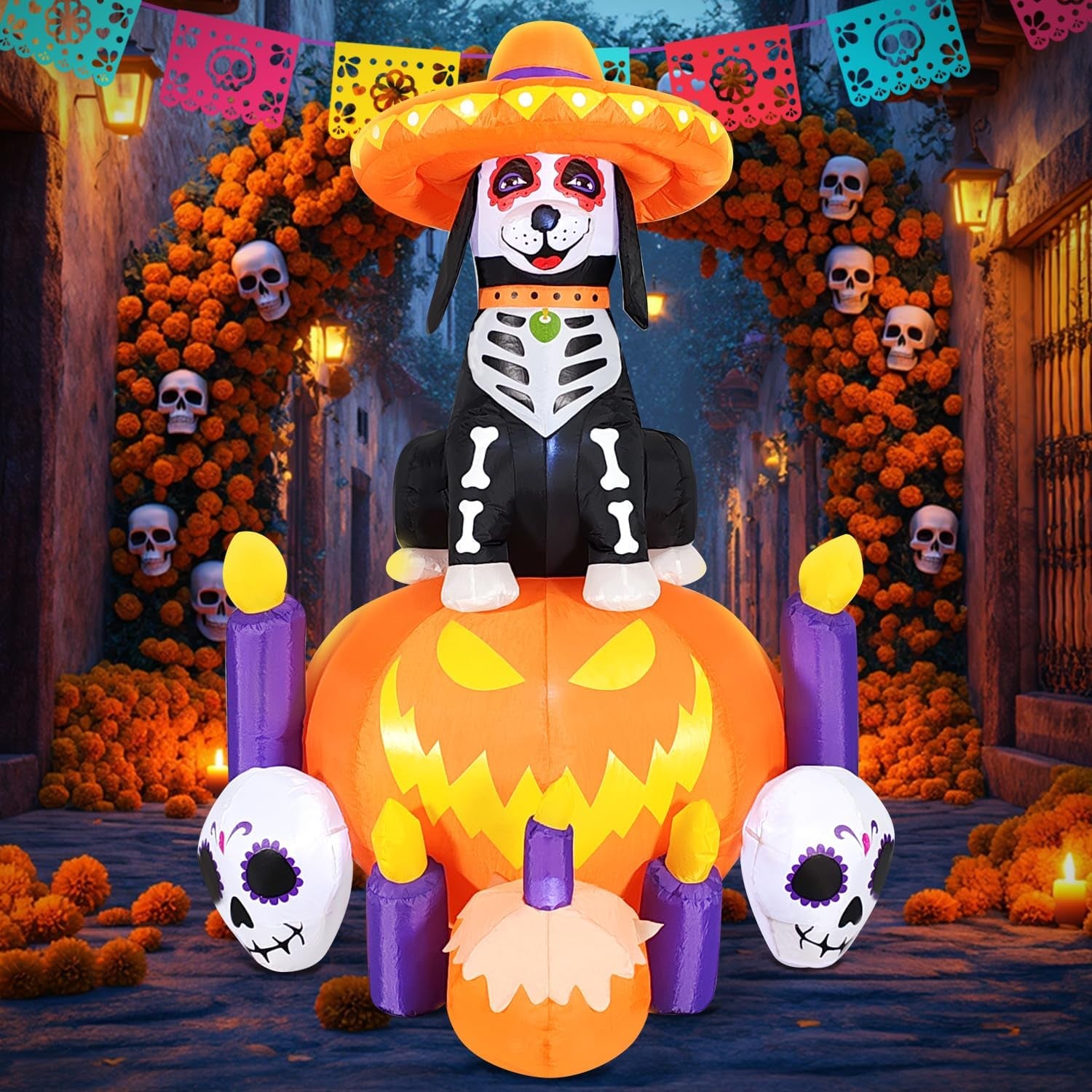 Halloween Inflatable Blow Up Decorations, Dia de Los Muertos 6FT Day of Dead Catrina Dog with Pumpkin and Candles, Built-in LEDs for Holiday Party, Garden, Lawn, Yard, Patio Décor