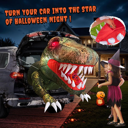 Halloween Inflatable Outdoor Decorations, 3.8FT Trunk or Treat Car Decorations, Blow Up Animated Dinosaur with Flashing Red LED Eyes for Halloween Yard Decoration