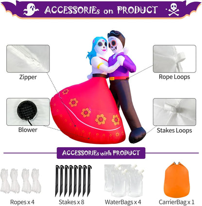 Halloween Inflatable Blow Up Decorations, Dia de Los Muertos 6FT Day of Dead Catrina Sugar Skull Couple Dancing, Built-in LEDs for Holiday Party, Garden, Lawn, Yard, Patio Décor