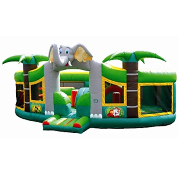 Pista de obstáculos inflable con tobogán y casa de rebote temática de selva