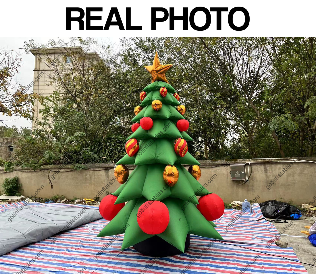 Navidad Inflable de Árbol Verde, Estrella, Bola Roja y Dorada