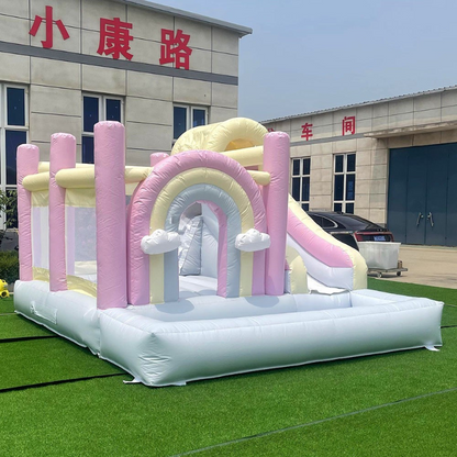 Pastel Rainbow Inflatable Bounce House Slide