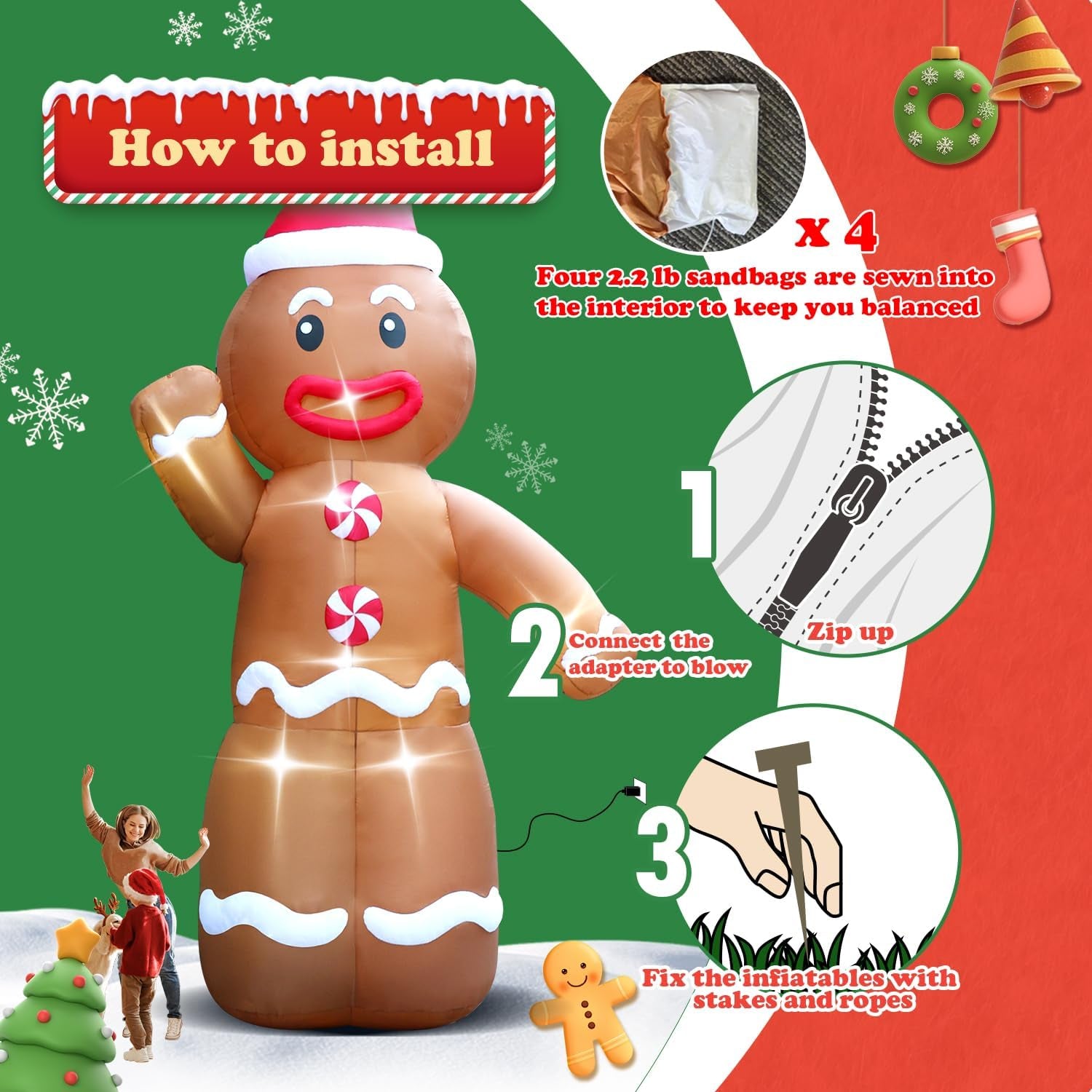 20FT Christmas Giant Inflatable Outdoor Decorations, Blow Up Gingerbread Man Yard Decoration, Xmas Decor Build-in LED Lights for Garden Lawn Yard Porch Holiday Party