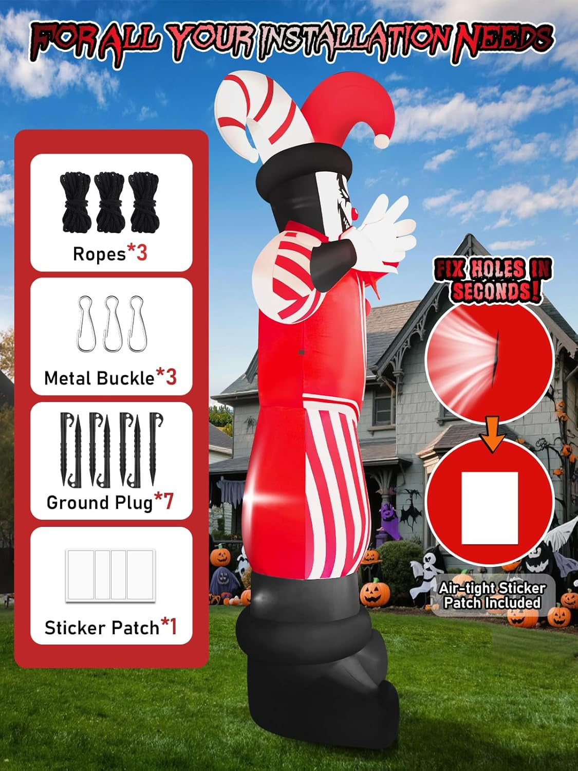 12FT Giant Halloween Inflatable Decoration,  Red Costume Scary Clown Blow Ups with Built-in LED Lights Large Huge Scary Clown Inflatable for Halloween Party Lawn Garden Outdoor Yard Decoration