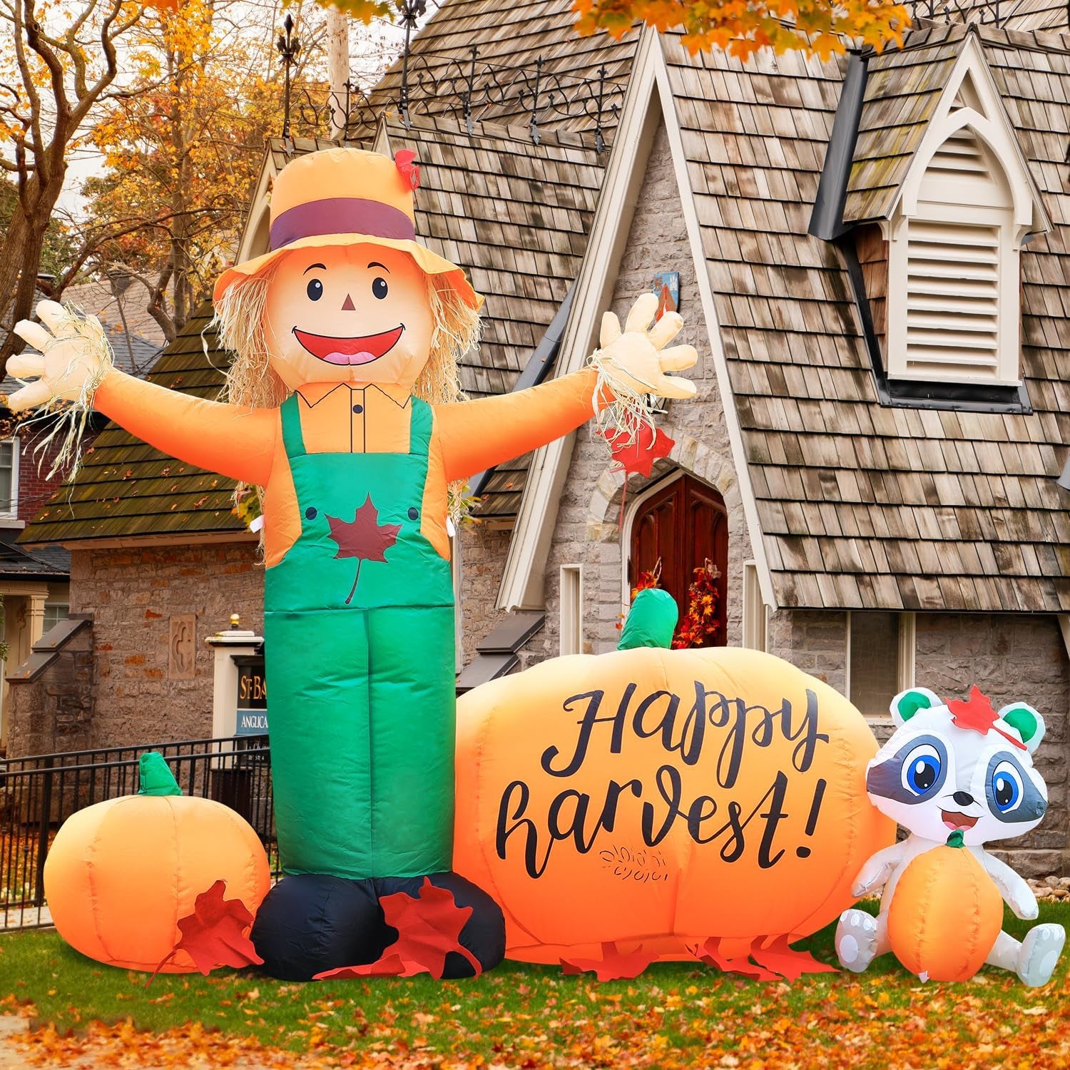 6ft Tall LED Lighted Inflatable Scarecrow and Pumpkin – Halloween Thanksgiving Fall Yard Decoration with Built-in Lights – Outdoor Blow Up Decor for Lawn, Garden, Party