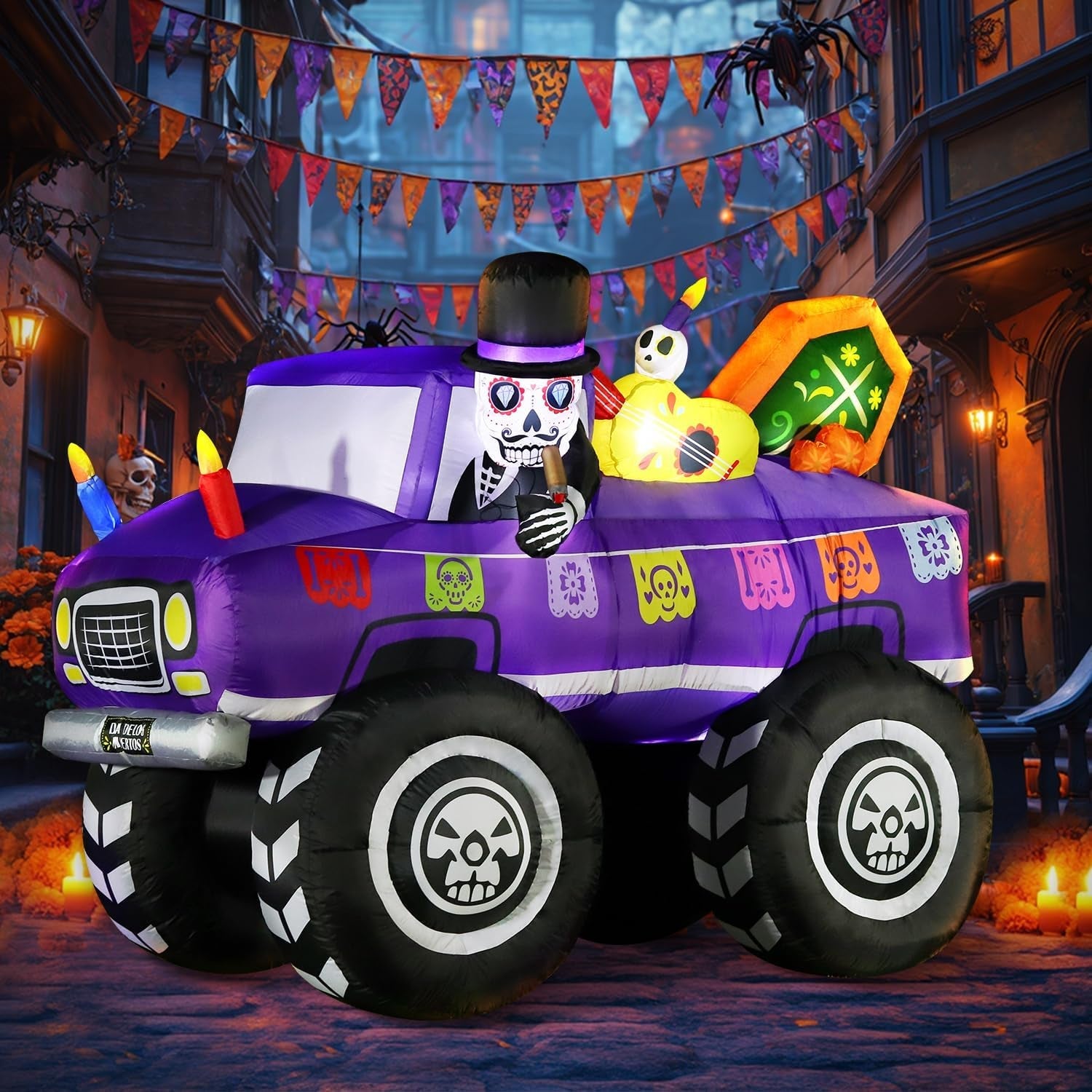 7FT Halloween Inflatable Blow Up Decorations, Dia de Los Muertos Day of Dead Catrina Skulls Monster Truck, Built-in LEDs for Holiday Party, Garden, Lawn, Yard, Patio Décor