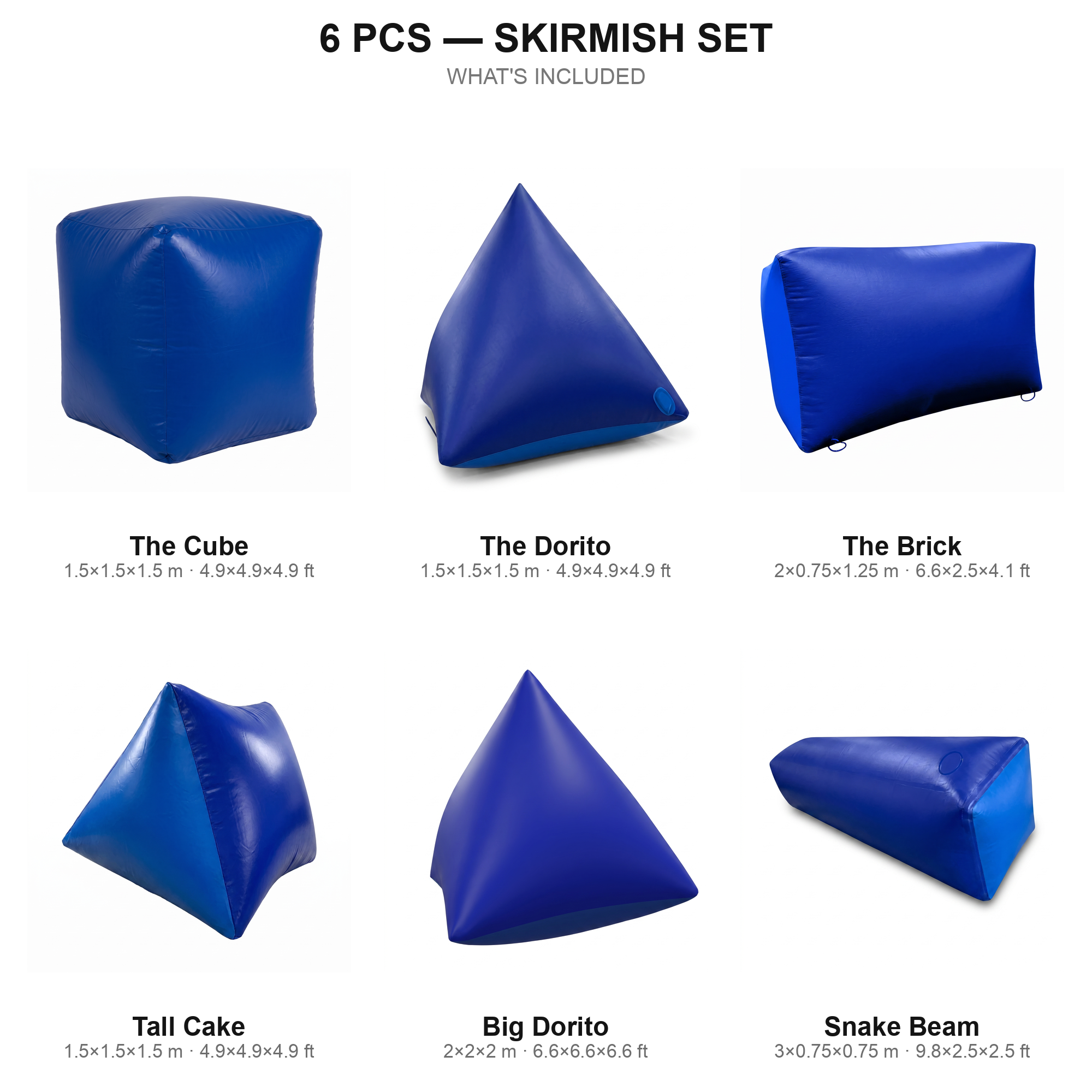 6 pcs Skirmish Set contents — blue paintball bunkers