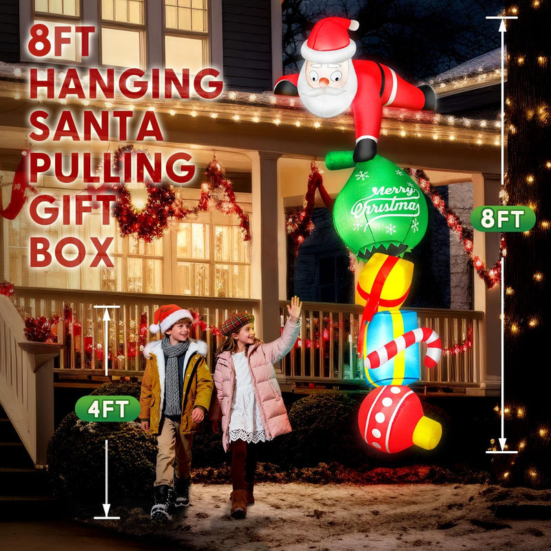 8FT Hanging Christmas Inflatable Outdoor Decoration Climbing Santa Pulling Gift Box Bag Funny Christmas Blow Up Yard Decorations with Built-in LEDs for Roof Balcony Window Tree Xmas Decor