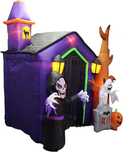 8.5 Foot Halloween Inflatable Haunted House Castle with Skeleton, Ghost, Tree and Pumpkin Lights Decor Outdoor Indoor Holiday Decorations, Blow up