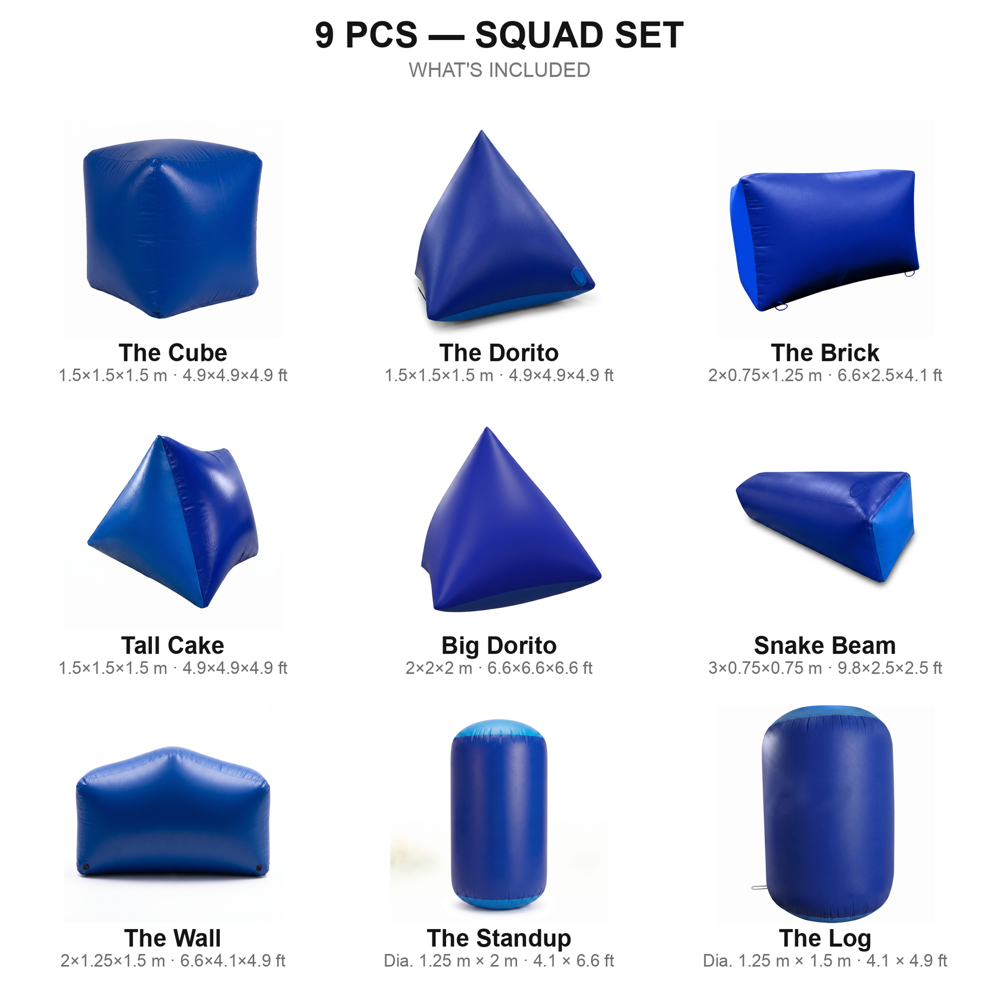 9 pcs Squad Set contents — blue paintball bunkers