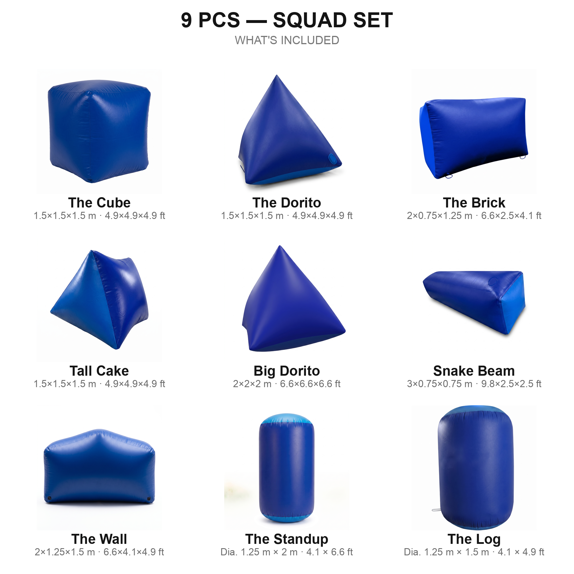 9 pcs Squad Set contents — blue paintball bunkers