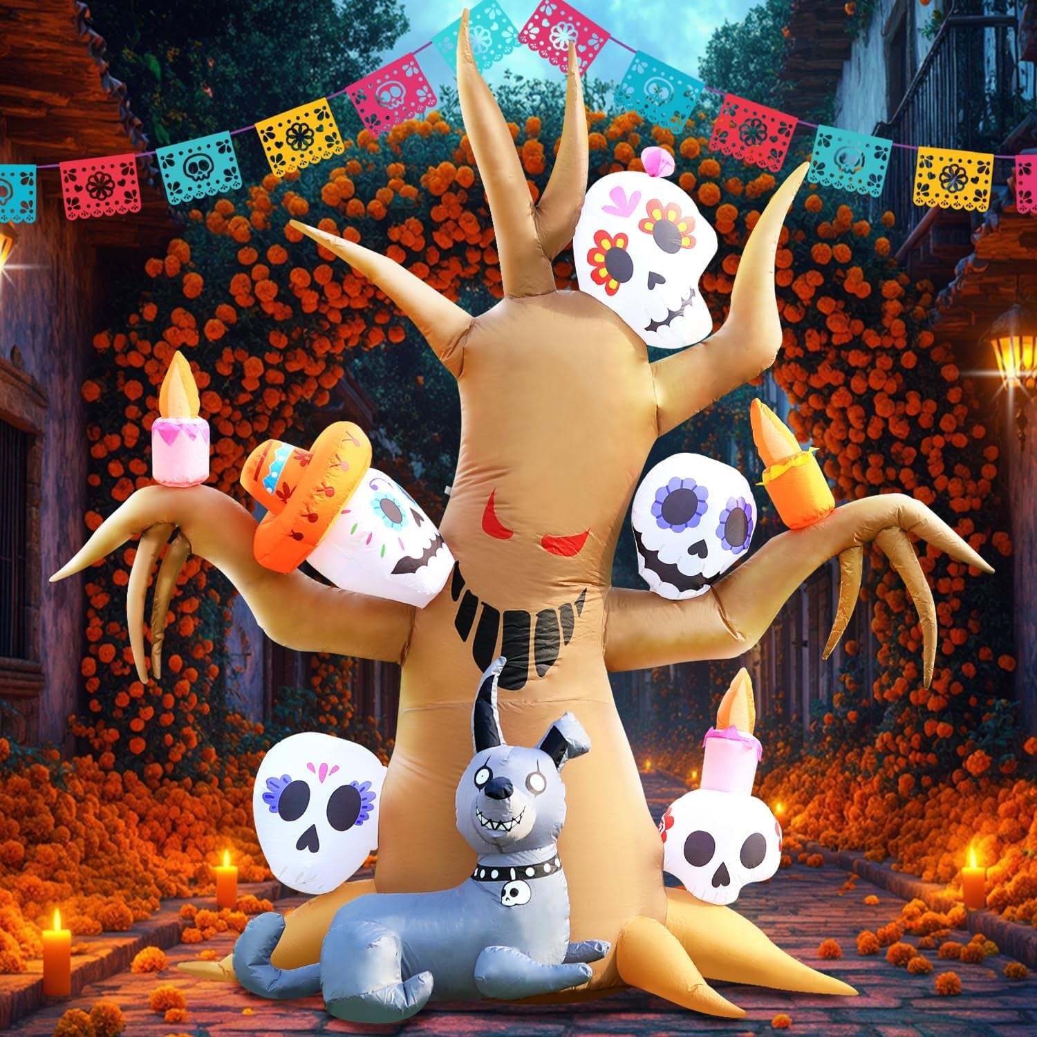 Tree Halloween Inflatable Blow Up Decorations, Dia de Los Muertos 8FT Day of The Dead Spooky Tree with Catrina Skull and Hairless Dog, Built-in LEDs for Holiday, Garden Lawn Yard Patio Décor
