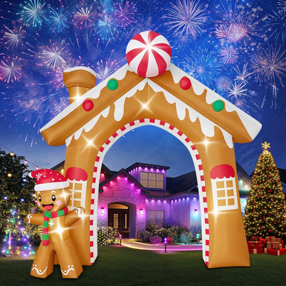 10FT Christmas Inflatable Archway Outdoor Decorations, Giant Blow Up Gingerbread House and Man Arch Yard Decoration, Xmas Decor Build-in LED Lights for Garden Lawn Yard Porch Holiday Party