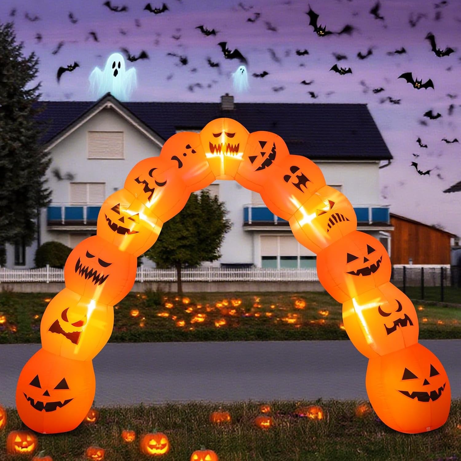 10 ft Giant Halloween Inflatable Jack O Pumpkin Archway Decoration LED Light up Giant Blow up Pumpkin Arch for Halloween Party Indoor Outdoor Garden Yard Decor