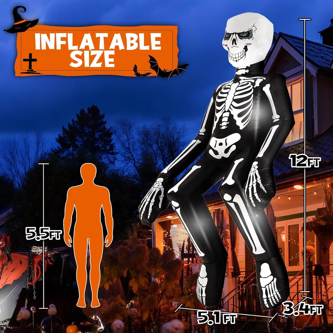 12 Ft Halloween Inflatable Decoration, Giant Skeleton Ghost Built-In LED Lights, Outdoor Blow up Yard Fun Decor, for 2025 All Hallows' Day Lawn Decor