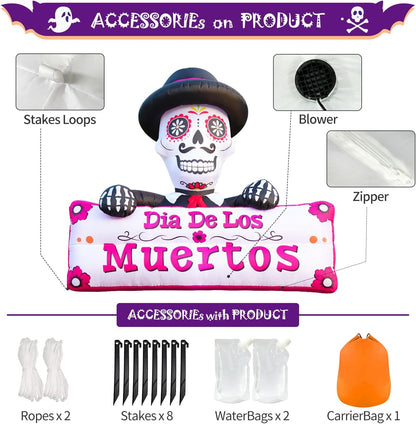 6FT Halloween Inflatable Blow Up Decorations, Dia de Los Muertos Day of Dead Banner, Build-in LED Lights Holiday Blow Up Yard Decoration for Halloween Party Outdoor Garden Yard Lawn Decor