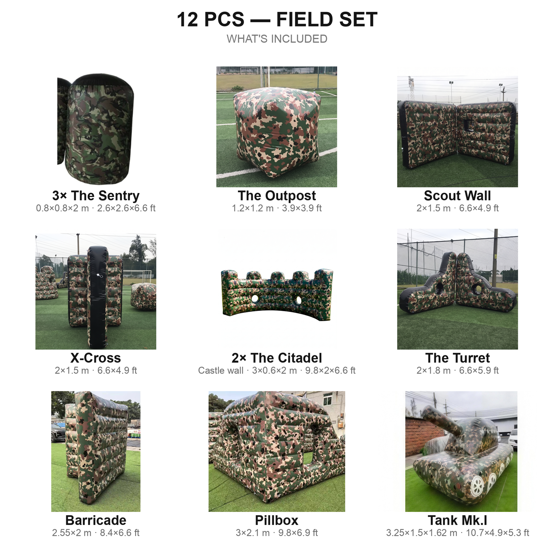 12 pcs Field Set contents — camo airsoft bunkers