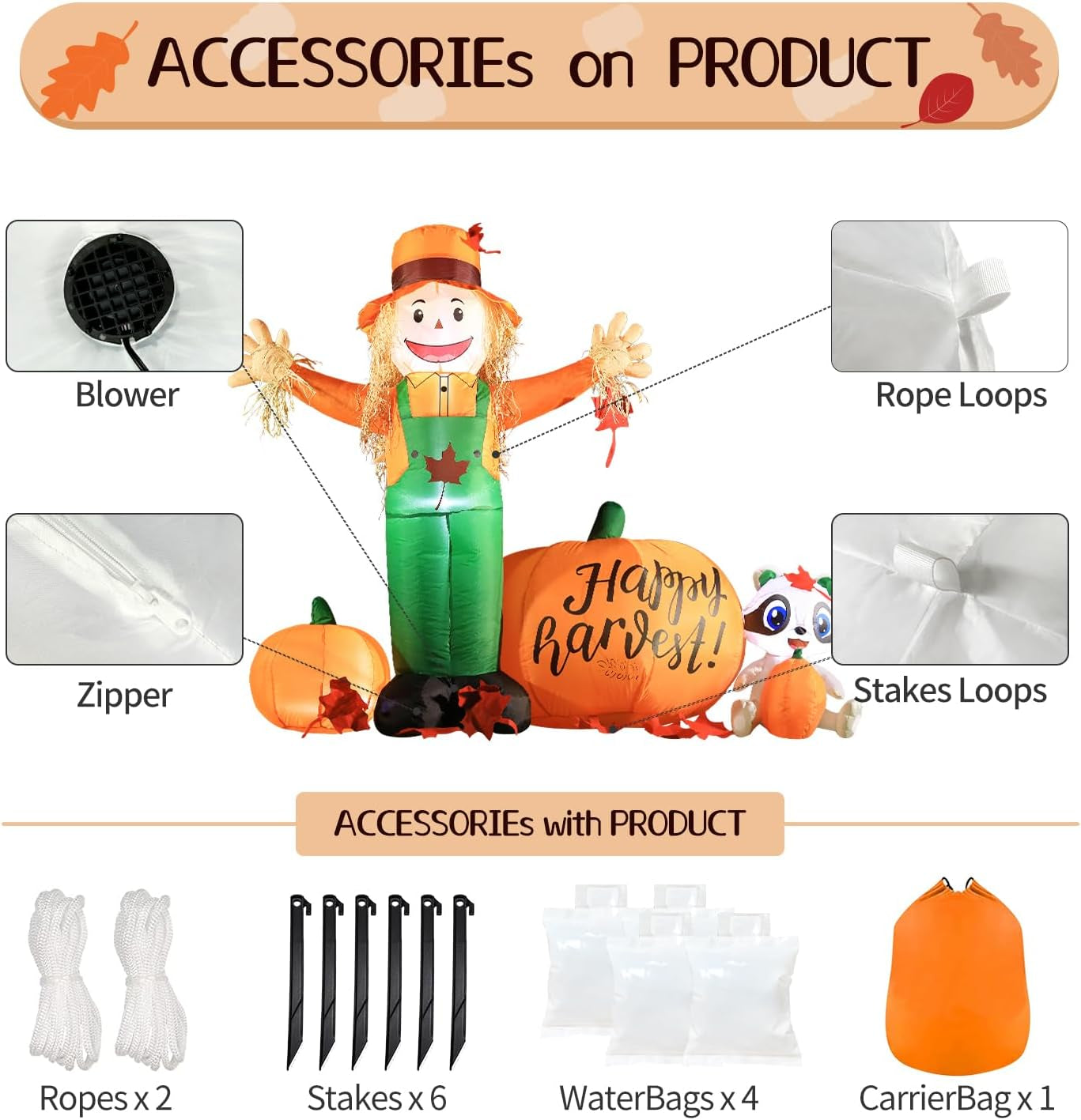 6ft Tall LED Lighted Inflatable Scarecrow and Pumpkin – Halloween Thanksgiving Fall Yard Decoration with Built-in Lights – Outdoor Blow Up Decor for Lawn, Garden, Party