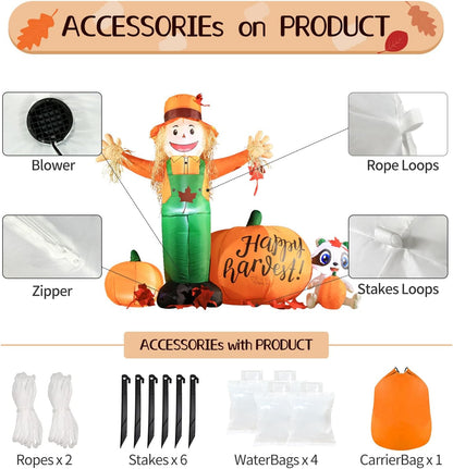 6ft Tall LED Lighted Inflatable Scarecrow and Pumpkin – Halloween Thanksgiving Fall Yard Decoration with Built-in Lights – Outdoor Blow Up Decor for Lawn, Garden, Party